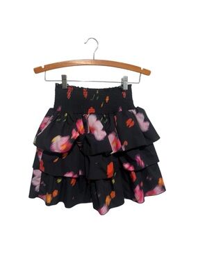 Luella Girls Black Floral Tiered Ruffle Skirt Size 8 Elastic Pull On Waist